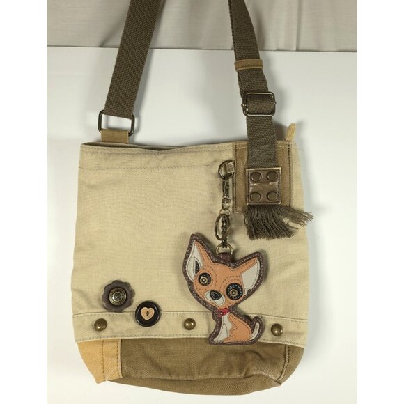 Chala Handbags - Chala Patch Crossbody Bag Canvas Purse ~ Chihuahua Dog Key Fob ~Sand Beige Green